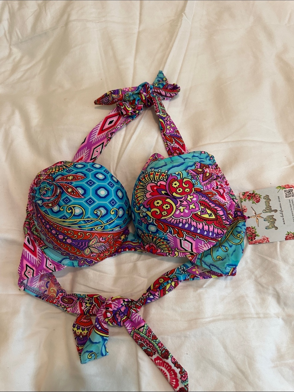 Luli Fama Multi-Color Paisley Halter Bikini Top - Pink & Blue